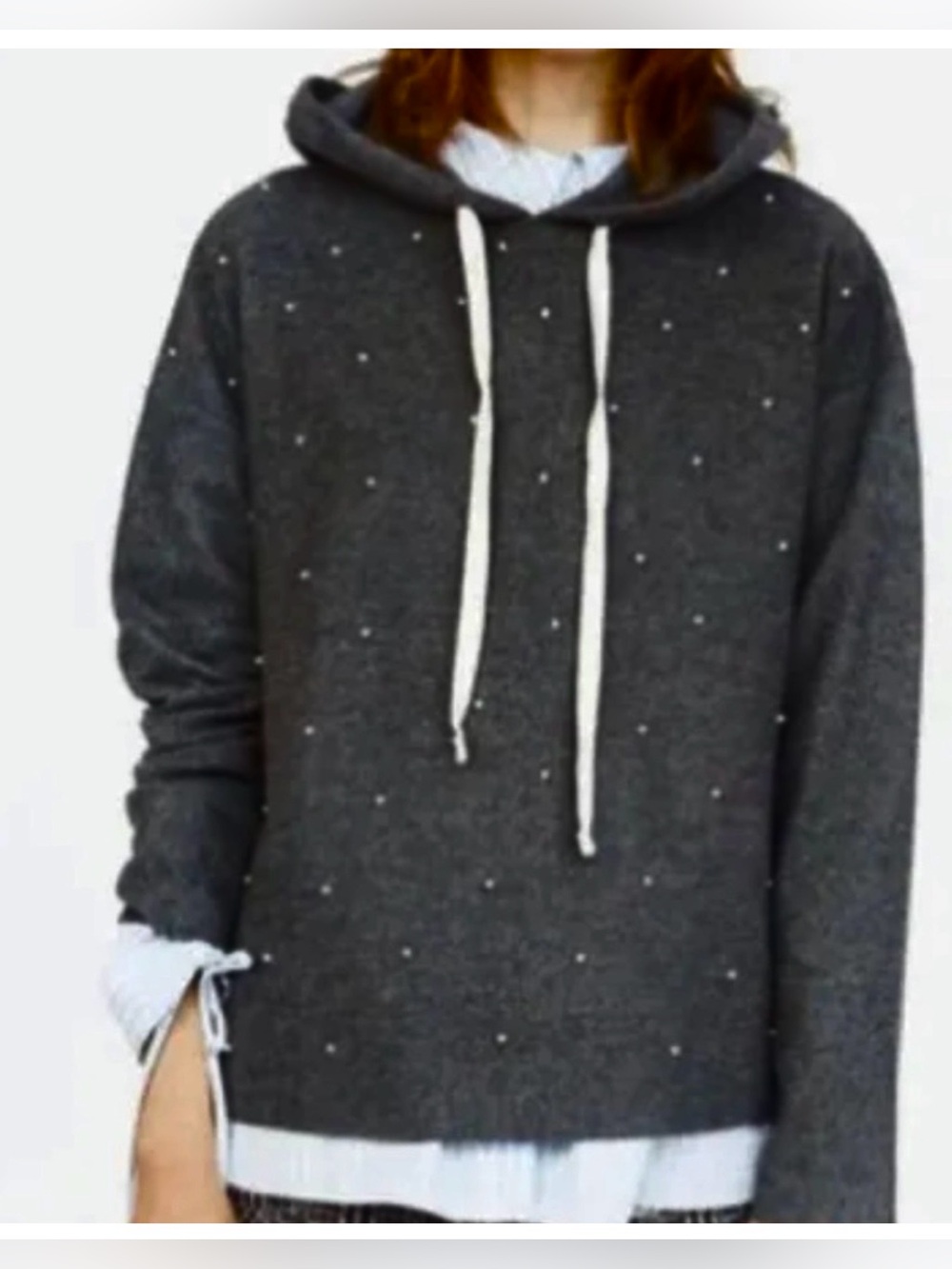 ZARA Trafaluc - Women's Hooded, Pearls, Oversized Pullover Sweater, Gray, M